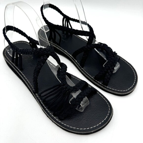 Women Woven Flat Rope Sandals Braided Beach Boho Sandals Slingwind Classic Black - Picture 2 of 10